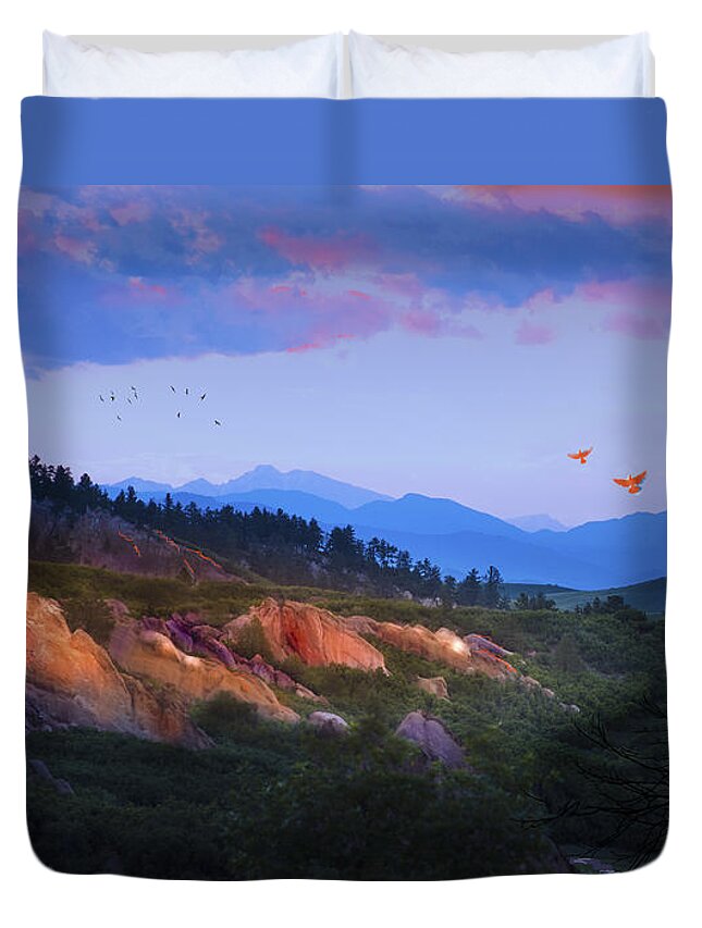 Colorado Duvet Cover featuring the digital art Longs Peak and Glowing Rocks by J Griff Griffin