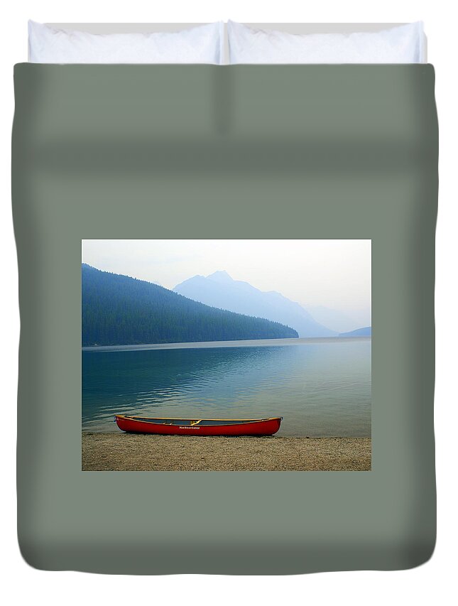 Glacier National Park Duvet Cover featuring the photograph Lonly Canoe by Marty Koch