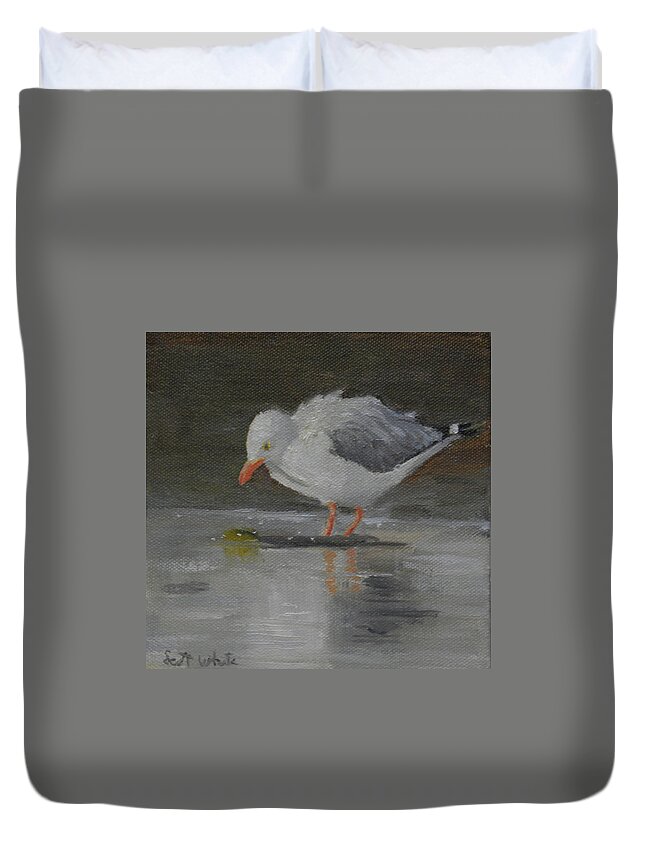Seagull Landscape Birds Water Ocean Duvet Cover featuring the painting Looking for Scraps by Scott W White
