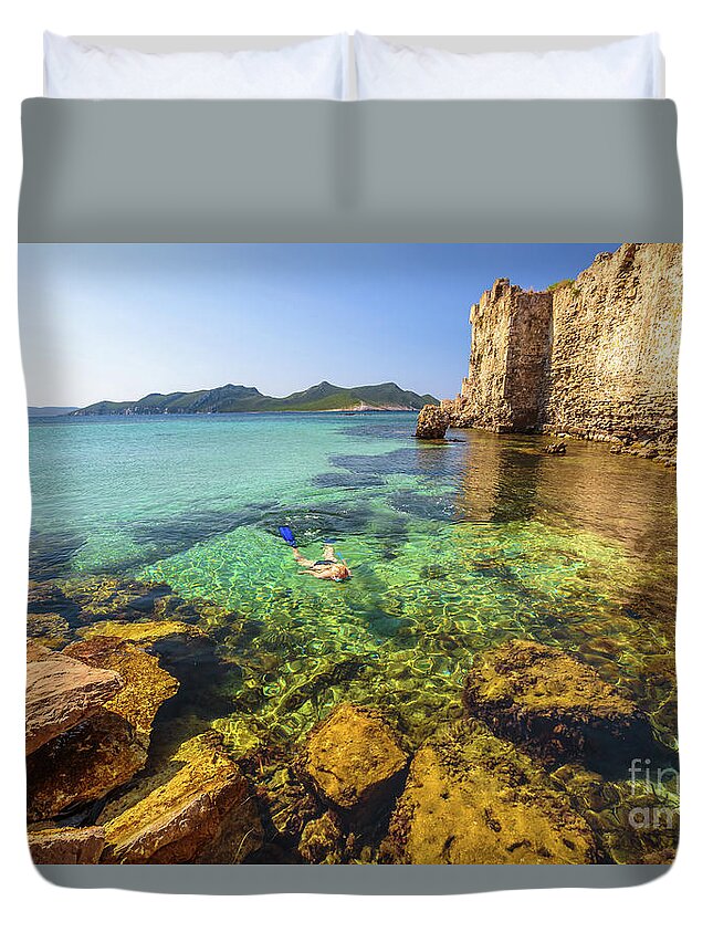 Woman Snorkeling Duvet Cover featuring the photograph Looking For Fishes by Benny Marty