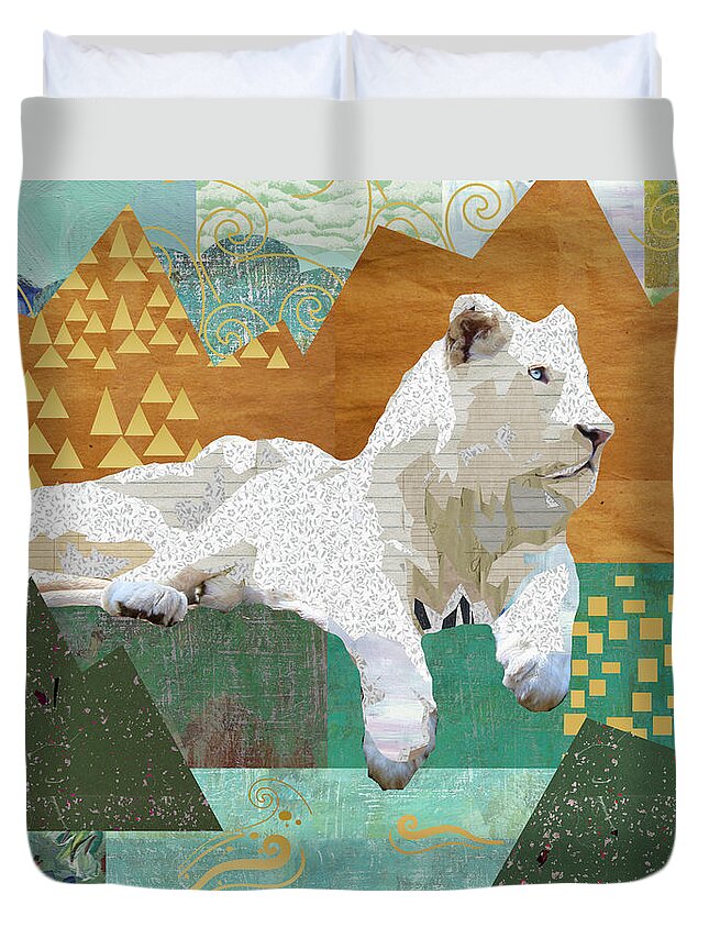 Snow Lion Collage Duvet Cover featuring the mixed media Looking forward - Snow Lion by Claudia Schoen