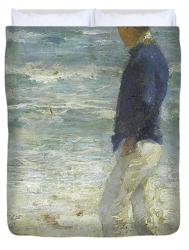 Looking Duvet Cover featuring the painting Looking Out to Sea by Henry Scott Tuke