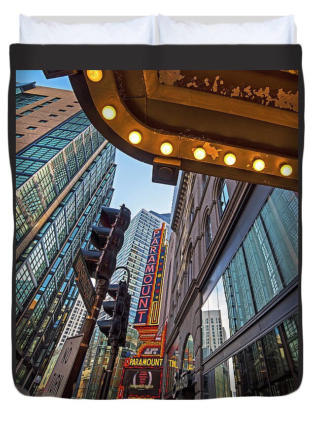 Boston Duvet Cover featuring the photograph Looking up at the Boston Paramount Boston MA by Toby McGuire