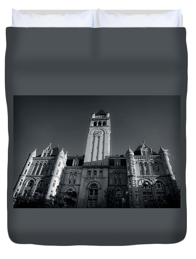 Trump International Hotel Duvet Cover featuring the photograph Looking Up At The Trump Hotel In Black and White by Greg and Chrystal Mimbs
