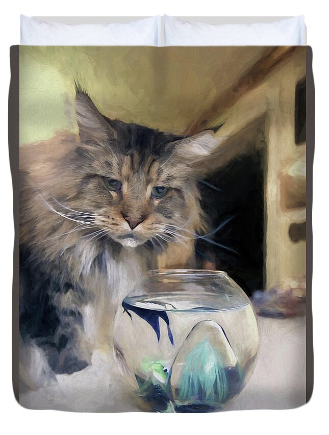 Mixed Media Photography. Mixed Media Cat Photography. Mixed Media Pet Photography. Mixed Media Fine Art Photography. Cat. Dog. Fine Art Greeting Cards. Pet Cards. Fine Art Cat Photography. Birds. Mouce. Cat Shows. Pure Breed Cats. Show Cats. Maine Coon Cats. Fish. Fish Bowl. House Cats. Long Hair Cats. Cat Nip. Duvet Cover featuring the digital art Look's Like Dinner's Just About Ready. by James Steele