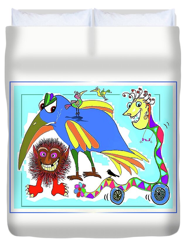 Birds Duvet Cover featuring the painting Loony Cartoon by Hartmut Jager