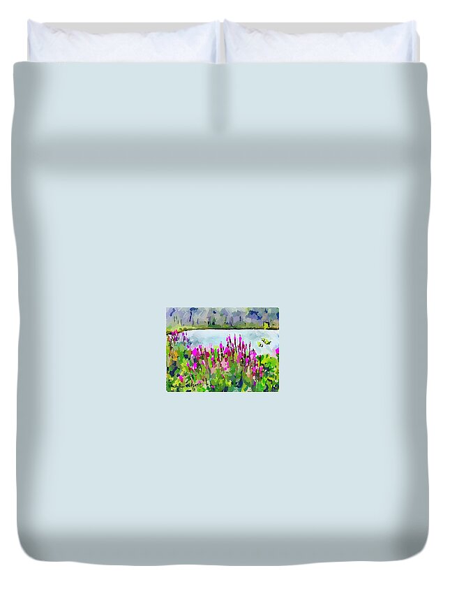 Pond Duvet Cover featuring the photograph Loosestrife blooming at Sleepy Hollow Pond by Melissa Abbott