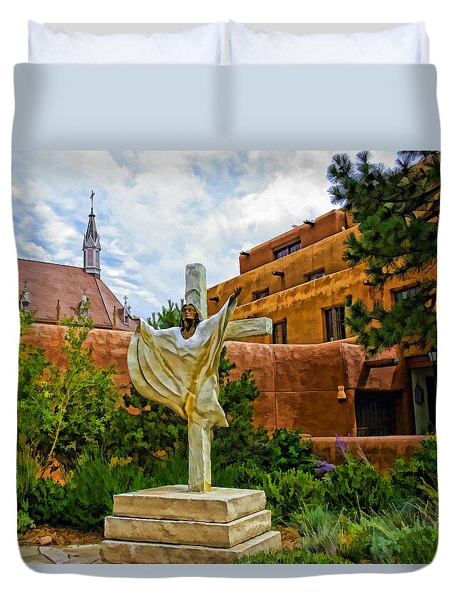 Loretto Duvet Cover featuring the photograph Loretto Steeple and Christ on a Cross by Ginger Wakem