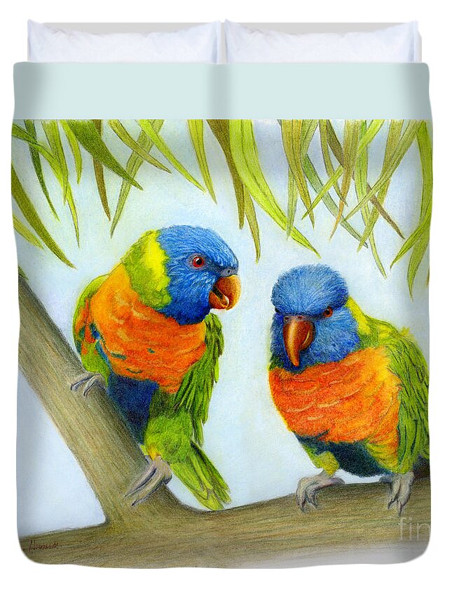 Animal Duvet Cover featuring the painting Lorikeet Pair by Phyllis Howard