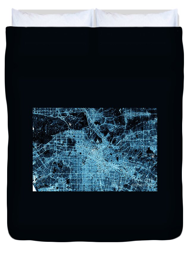 Los Angeles Duvet Cover featuring the digital art Los Angeles Abstract City Map Top View Dark by Frank Ramspott