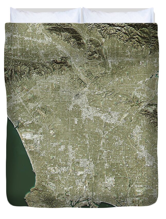 Los Angeles Duvet Cover featuring the digital art Los Angeles Topographic Map Natural Color Top View by Frank Ramspott