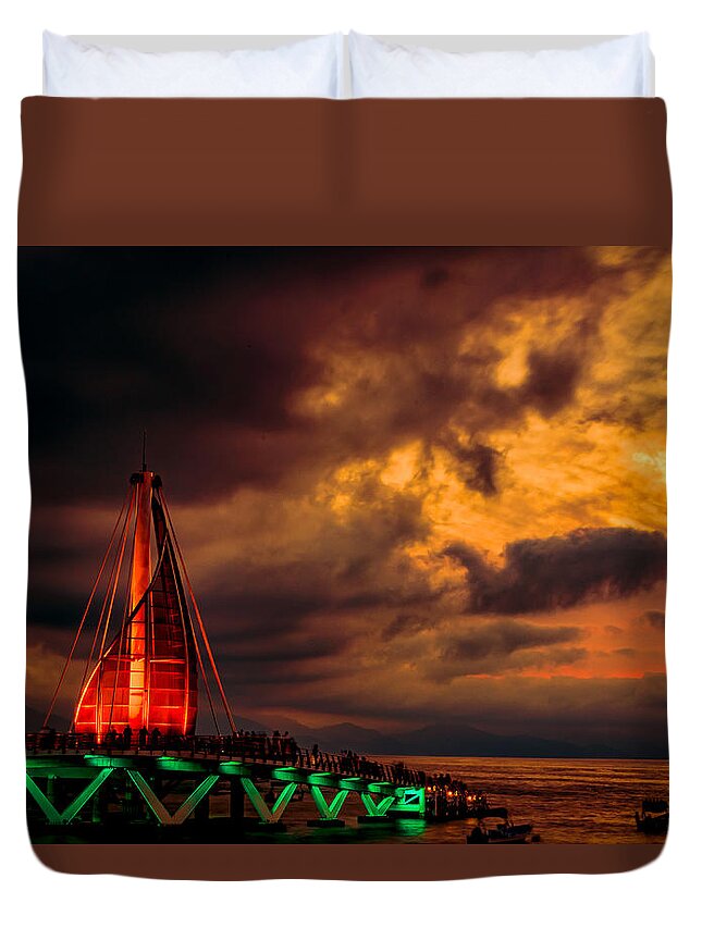 Puerto Duvet Cover featuring the photograph Los Muertos Pier at Sunset II by Paul LeSage