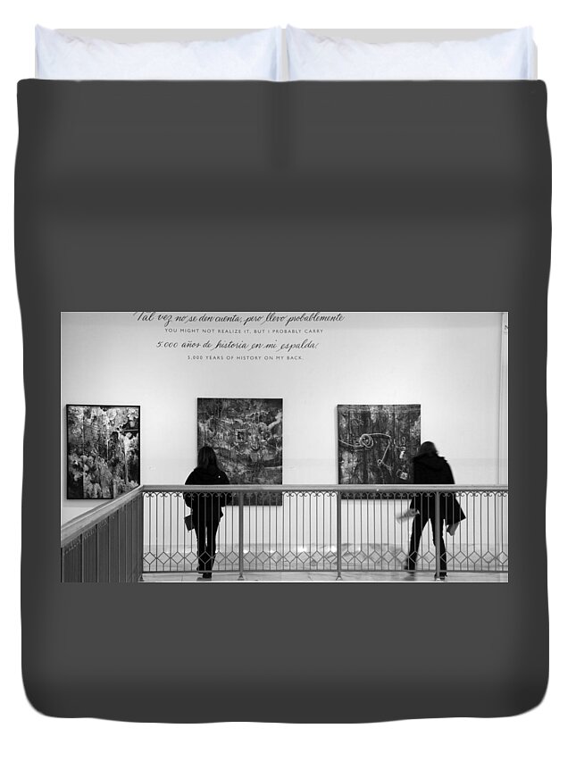 2 Women Wearing Dark Coats Are Observing Art Exhibit Duvet Cover featuring the photograph Lost in Art by Valerie Collins