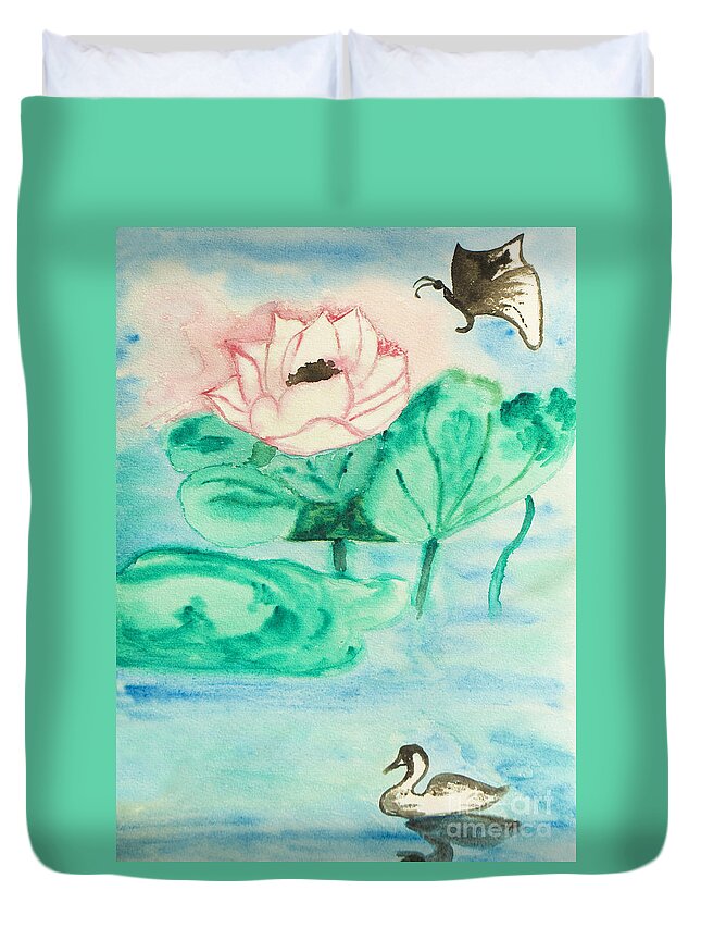 Art Duvet Cover featuring the painting Lotus, butterfly and swan, painting by Irina Afonskaya