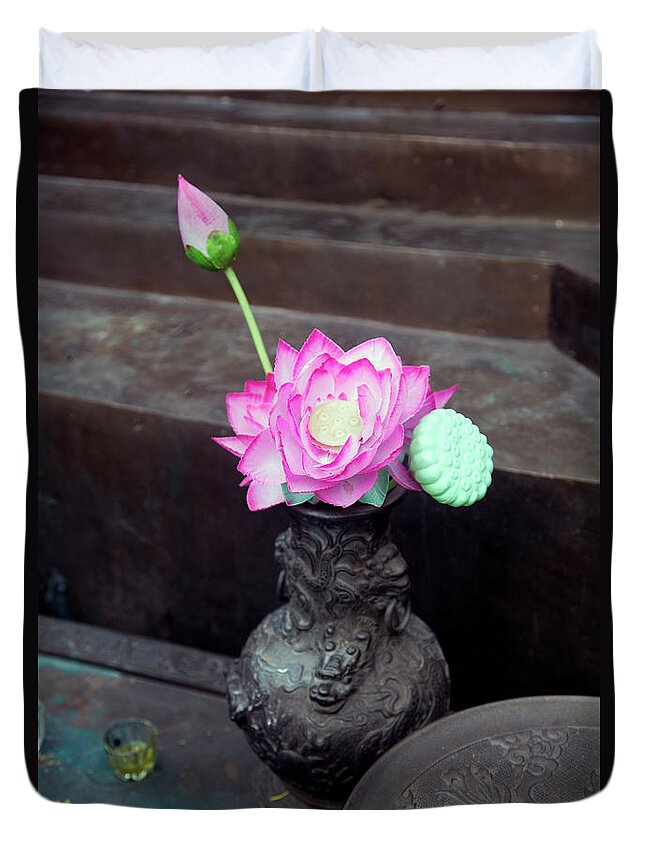 Lotus Duvet Cover featuring the photograph Lotus Flowers Vase Hanoi by Chuck Kuhn