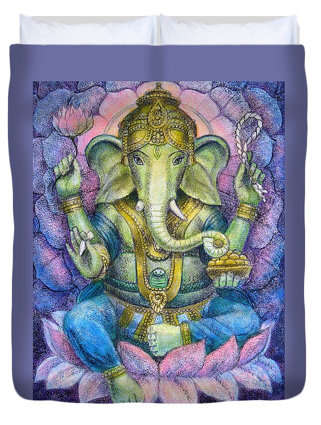 Lord Ganesha Duvet Cover featuring the painting Lotus Ganesha by Sue Halstenberg