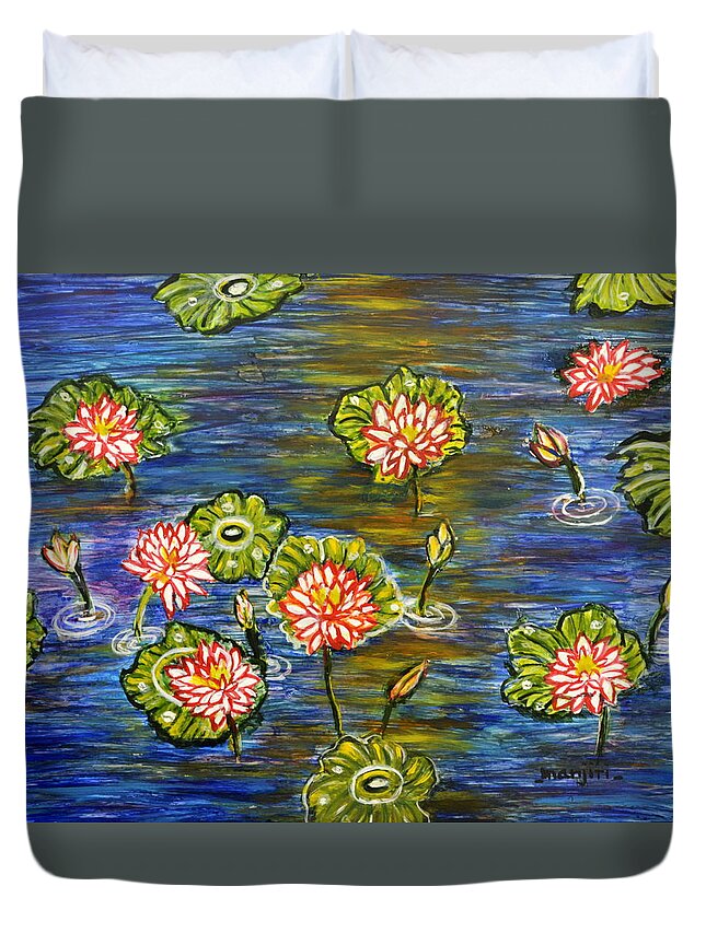 Lous Duvet Cover featuring the painting Lotus Pond II by Manjiri Kanvinde