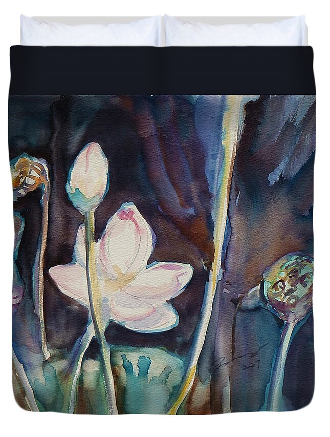 Watercolor Duvet Cover featuring the painting Lotus Study II by Xueling Zou