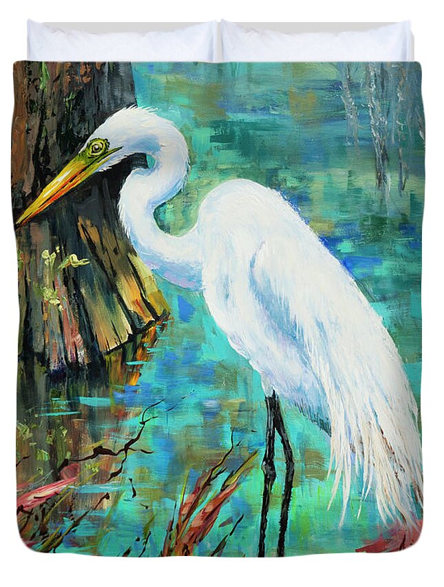 Louisiana Male Egret Duvet Cover featuring the painting Louisiana Male Egret by Dianne Parks