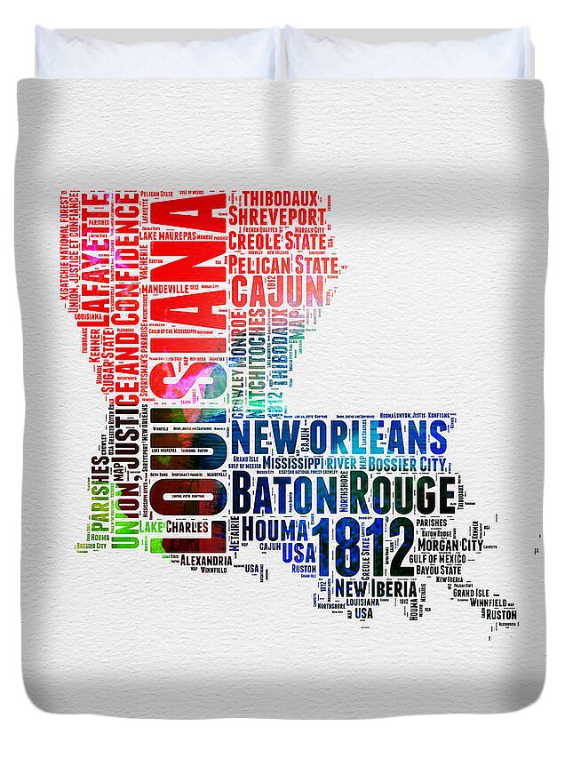  Duvet Cover featuring the digital art Louisiana Watercolor Word Cloud Map by Naxart Studio