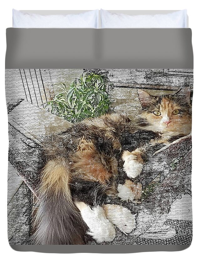 Cat Duvet Cover featuring the digital art Lounging Polydactyl by Deb Nakano