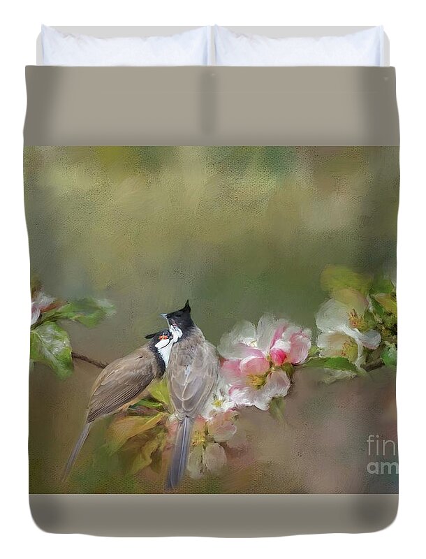 Red-whiskered Bulbuls Duvet Cover featuring the mixed media Love Couple by Eva Lechner