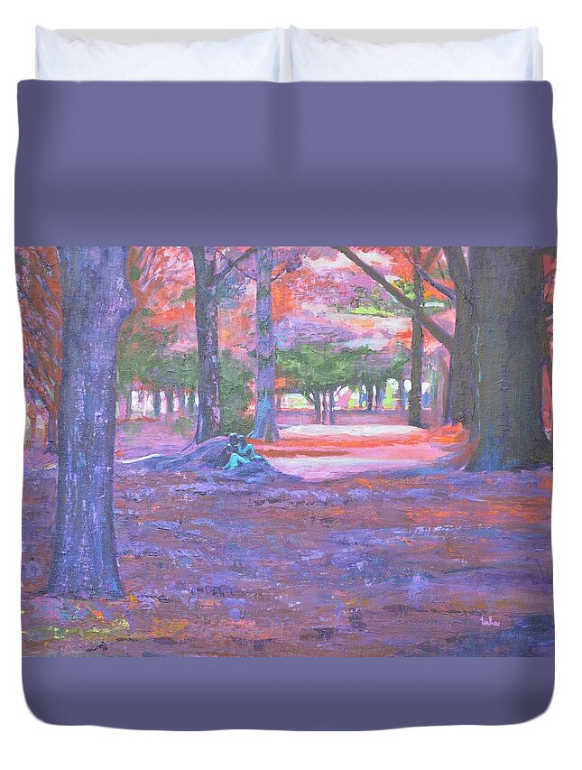 Love In Lal Bagh Duvet Cover featuring the painting Love in Lal Bagh 3 by Usha Shantharam