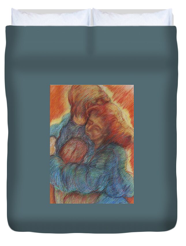 Original Art Pastel Chalk Drawing Lovers Couple Hug Embrace Love Duvet Cover featuring the pastel Lovers Embrace by Katt Yanda
