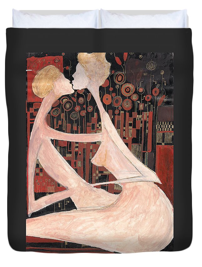 Woman Duvet Cover featuring the painting Lovers by Maya Manolova