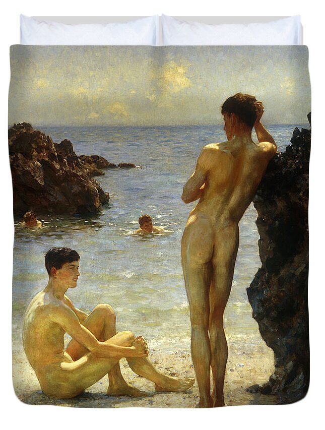Nudes Duvet Cover featuring the painting Lovers of the Sun by Henry Scott Tuke