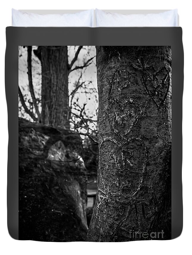 Tree Duvet Cover featuring the photograph Love's Scars in Central Park - BW by James Aiken