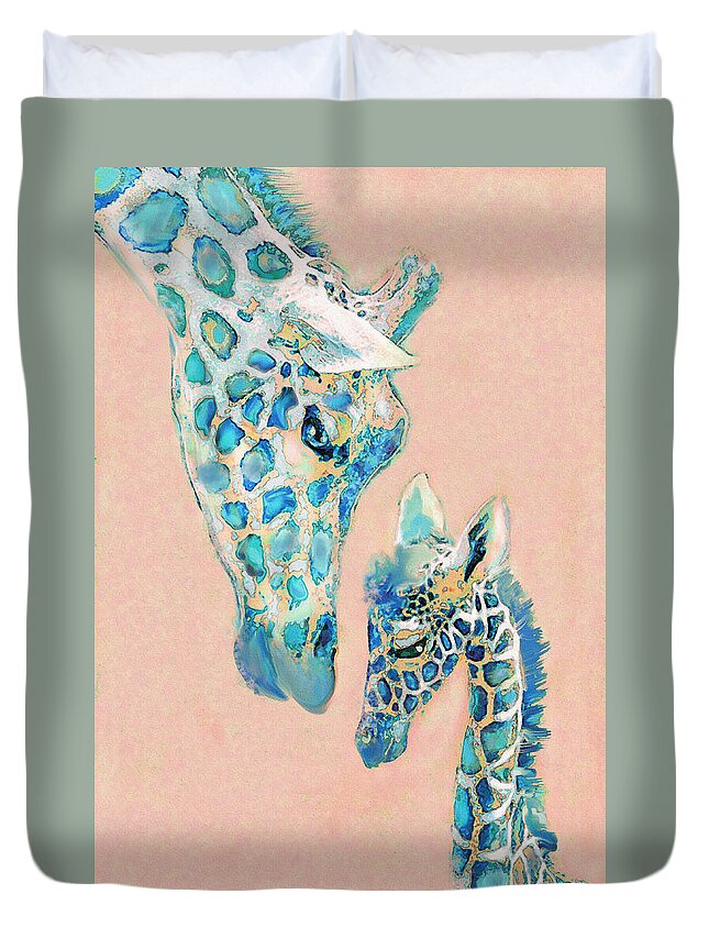 Jane Schnetlage Duvet Cover featuring the digital art Loving Giraffes Family- Coral by Jane Schnetlage