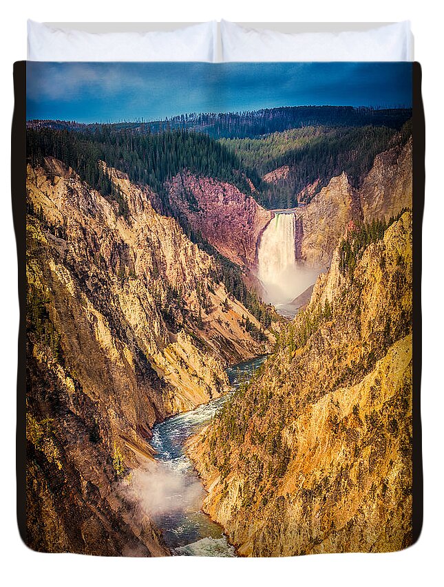 Flowing Duvet Cover featuring the photograph Lower Falls - Yellowstone by Rikk Flohr