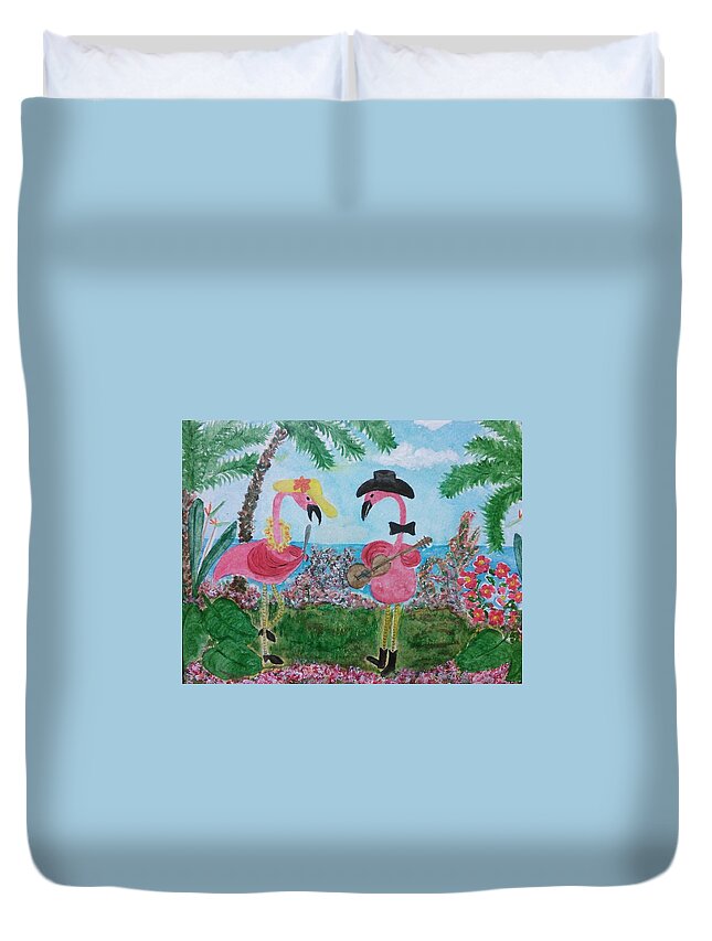 Flamingos Duvet Cover featuring the painting Luau Flamingos by Susan Nielsen