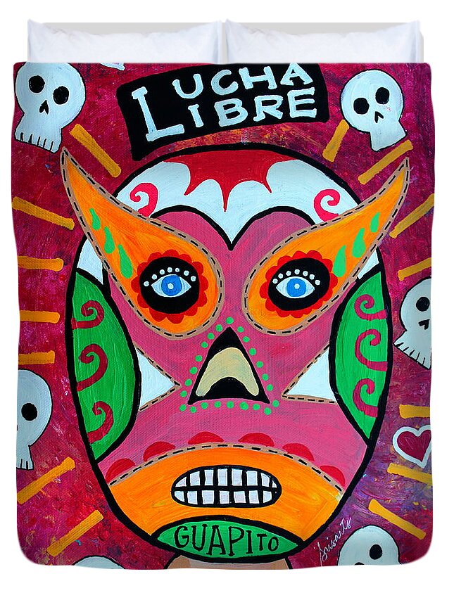Lucha Libre Duvet Cover featuring the painting Lucha Libre by Pristine Cartera Turkus