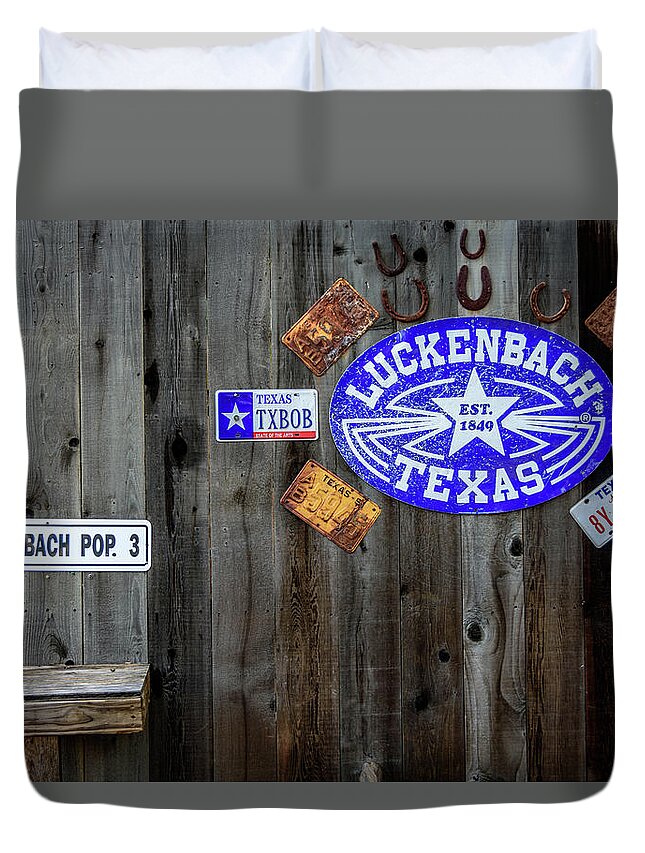 Luckenbach Texas Signs Duvet Cover featuring the photograph Luckenbach Texas Signs, Tags and Horseshoes by Debra Martz