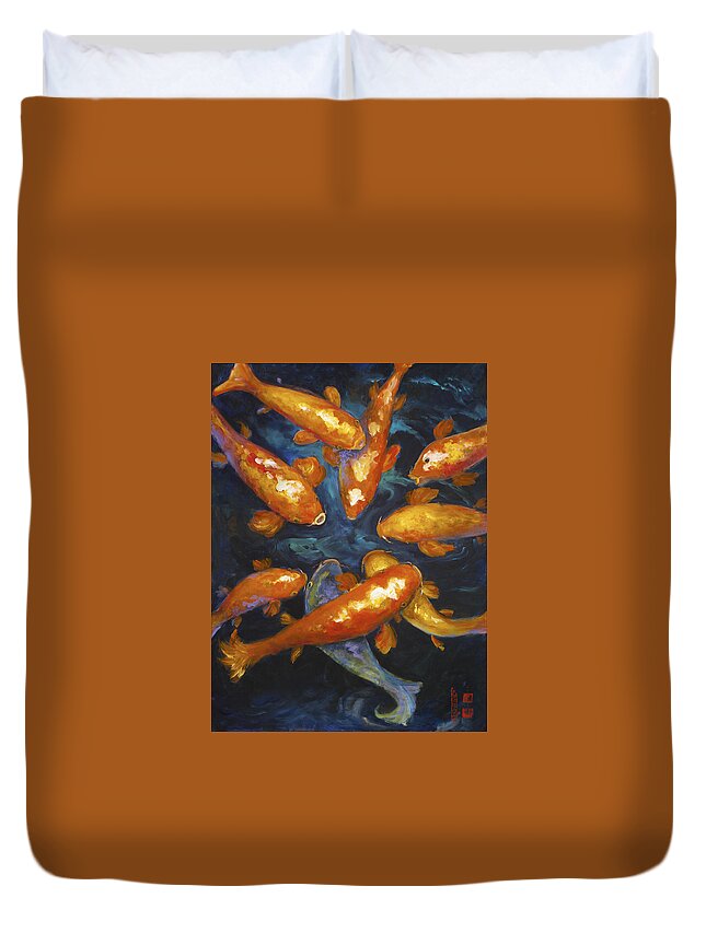 Koi Duvet Cover featuring the painting Lucky Koi by Caroline Patrick