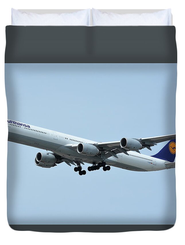 Airplane Duvet Cover featuring the photograph Lufthansa Airbus A340-600 D-AIHW Los Angeles International Airport May 3 2016 by Brian Lockett
