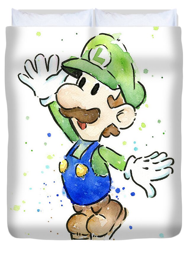 Video Game Duvet Cover featuring the painting Luigi Watercolor by Olga Shvartsur