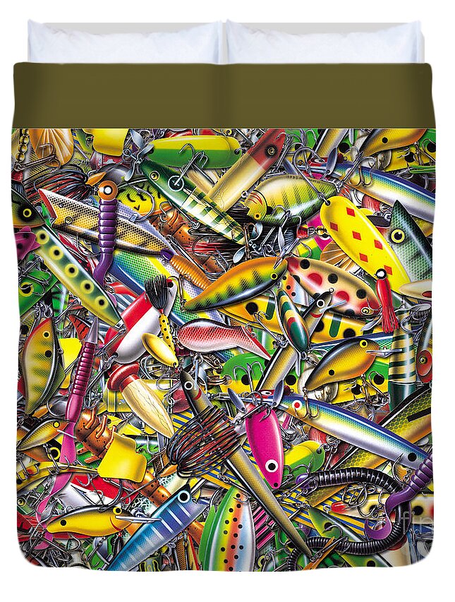 Jon Q Wright Jq Licensing Trout Fly Flyfishing Brown Trout Rainbow Trout Brook Trout Cutthroat Trout Fishing Lodge Cabin Collage Lure Tackle Lure Duvet Cover featuring the painting Lure Collage by JQ Licensing