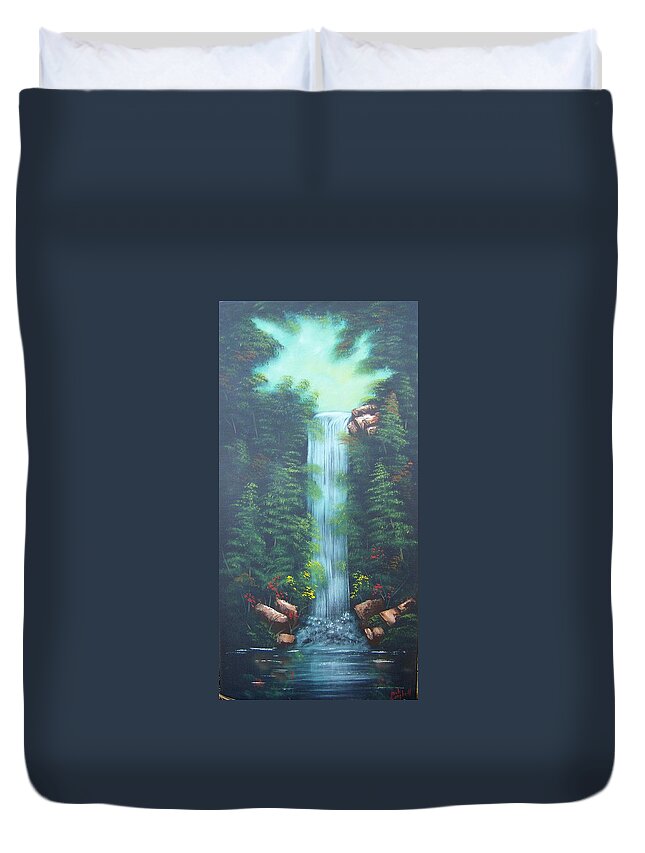 Waterfall Duvet Cover featuring the painting Lush Waterfall by Debra Campbell