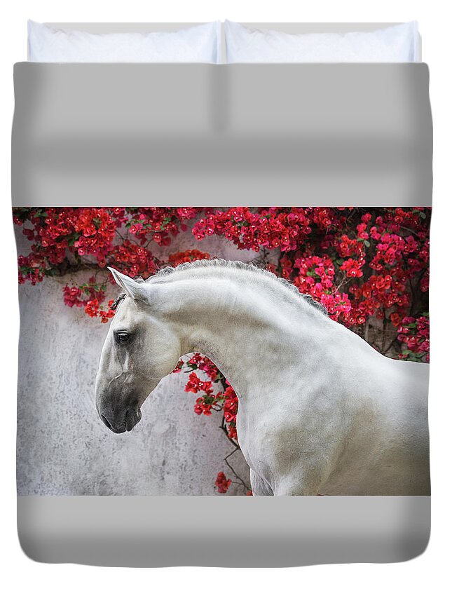 Russian Artists New Wave Duvet Cover featuring the photograph Lusitano Portrait in Red Flowers by Ekaterina Druz