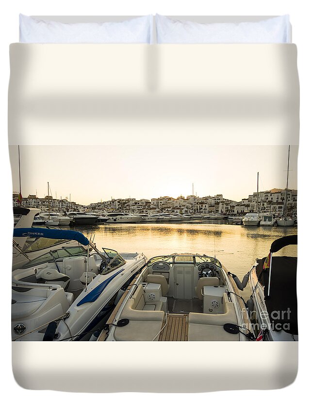Marbella Duvet Cover featuring the digital art Luxury yachts Puerto banus by Perry Van Munster