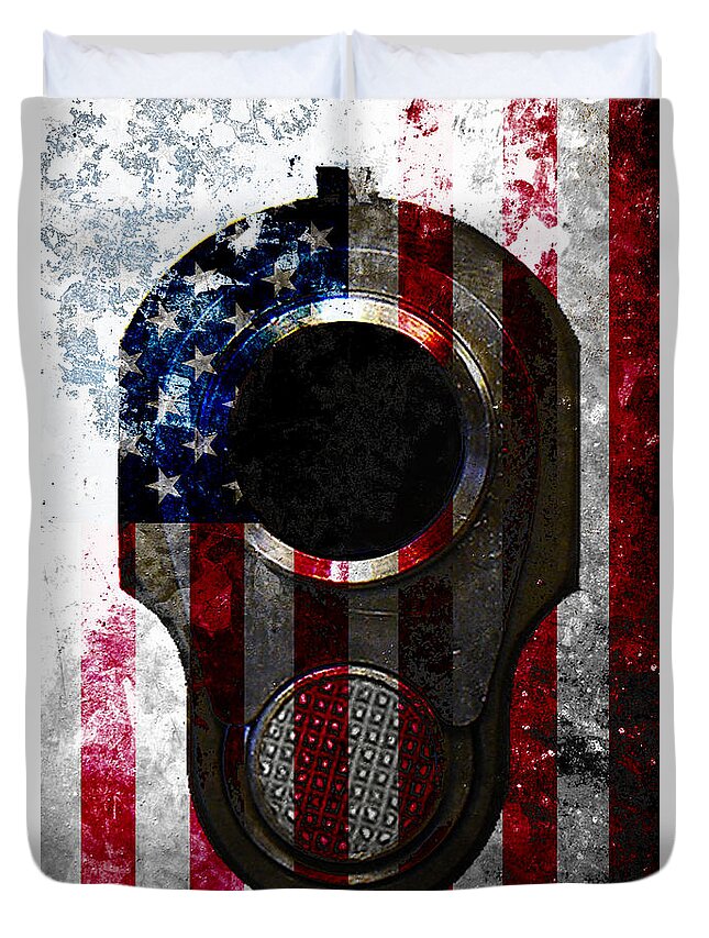 M1911 Duvet Cover featuring the digital art M1911 Colt 45 Muzzle and American Flag on Distressed Metal Sheet by M L C