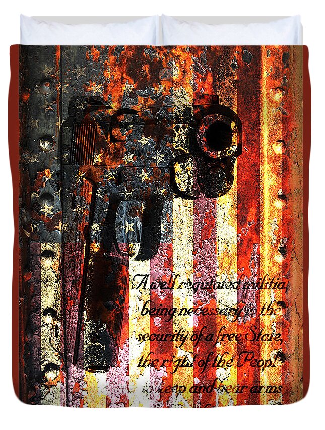 M1911 Duvet Cover featuring the digital art M1911 Pistol And Second Amendment On Rusted American Flag by M L C