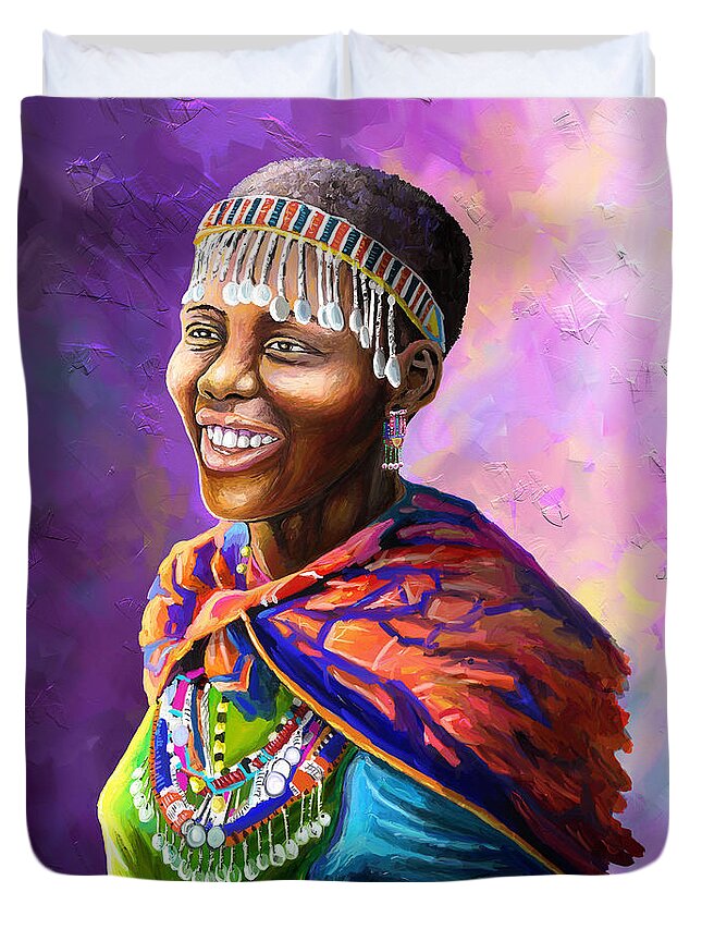 People Duvet Cover featuring the painting Maasai Girl by Anthony Mwangi