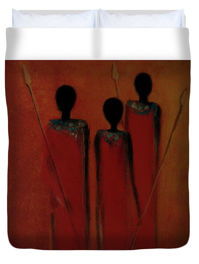 Maasai Duvet Cover featuring the painting Maasai Trio by David Dehner