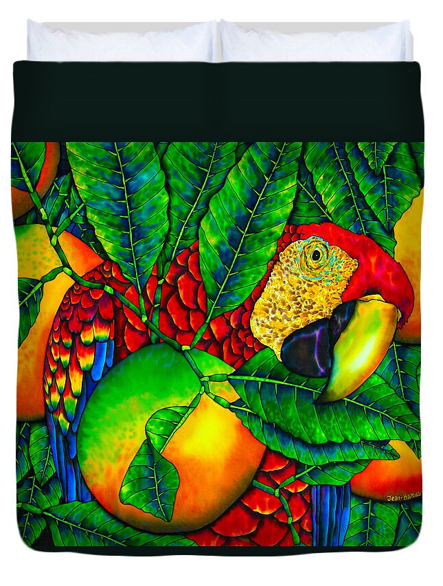 Scarlet Macaw Duvet Cover featuring the painting Macaw and Oranges - Exotic Bird by Daniel Jean-Baptiste