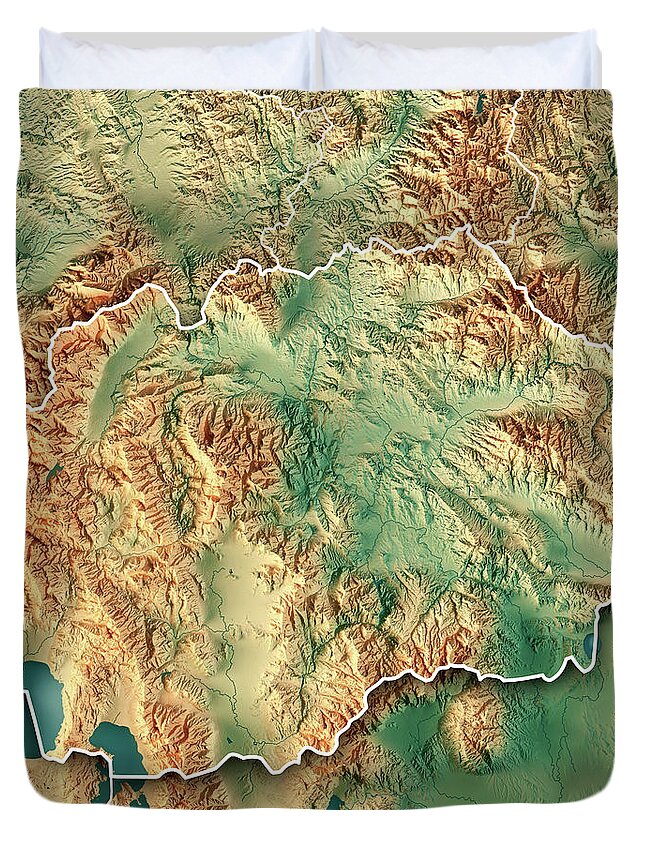 Macedonia Duvet Cover featuring the digital art Macedonia Country 3D Render Topographic Map Border by Frank Ramspott