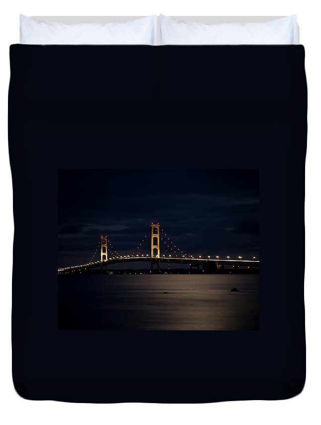 Mackinac Duvet Cover featuring the photograph Mackinac Bridge at Night by Larry Carr